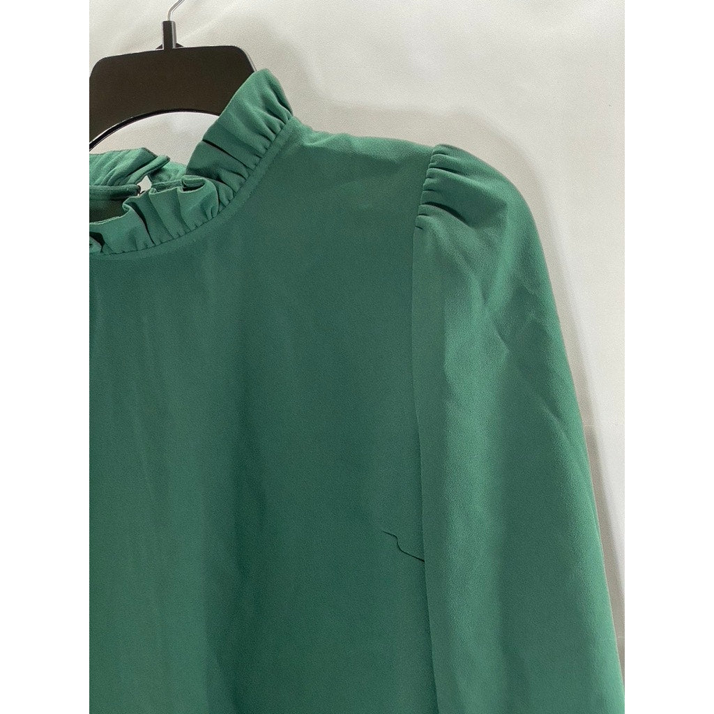 J.CREW Women's Dark Green Ruffle-Neck Long Sleeve 365 Crepe Top SZ S