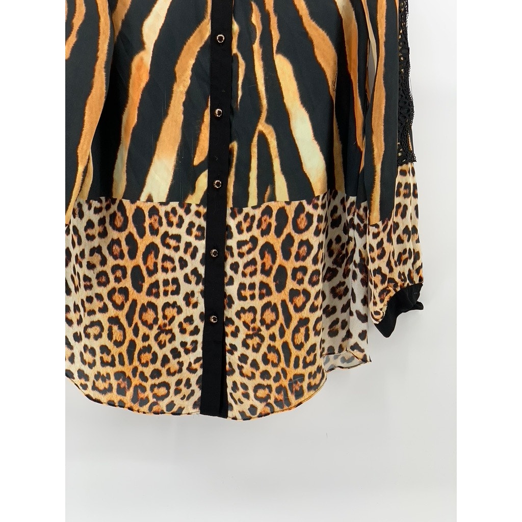 GENESE Women's Black-Brown Animal Print Long Sleeve Button-Up Top SZ 2