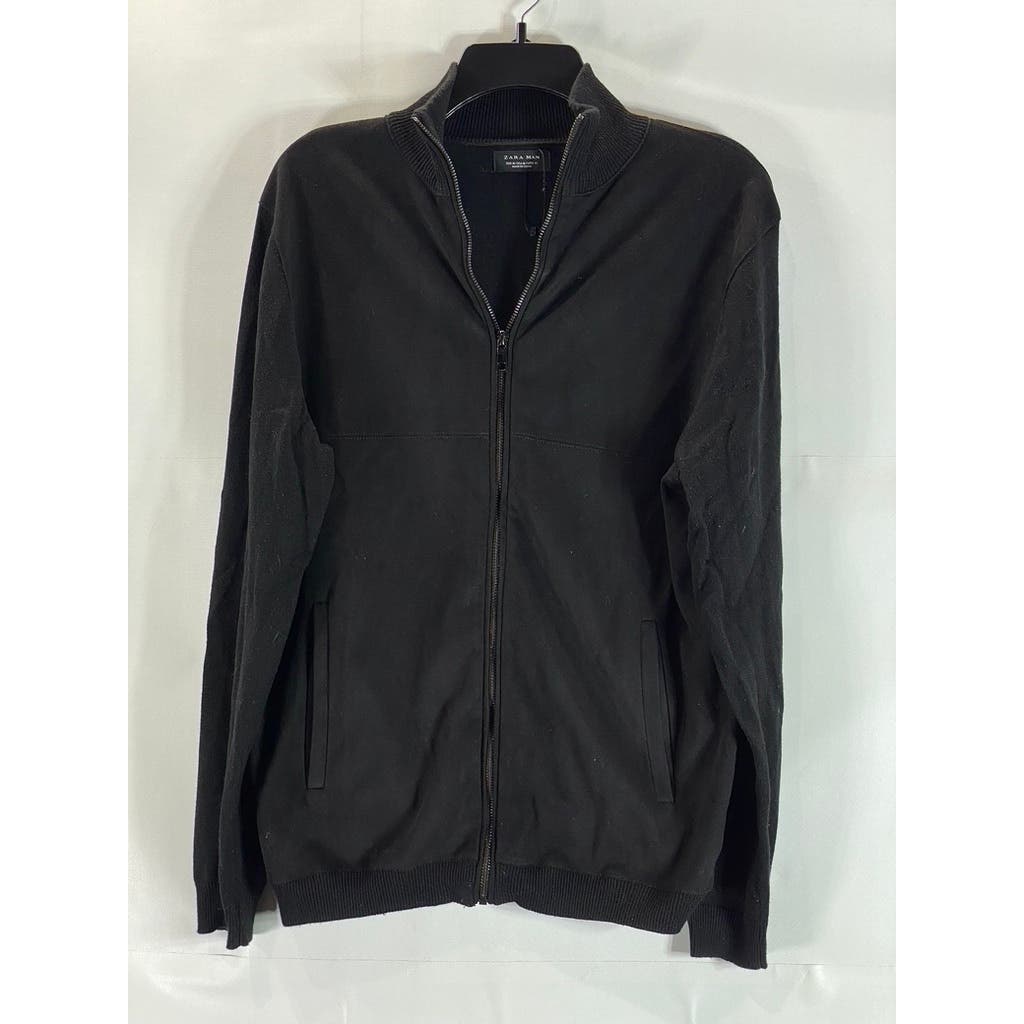 ZARA MAN Men's Black Solid Knit Mock Collar Zip-Up Sweater SZ M