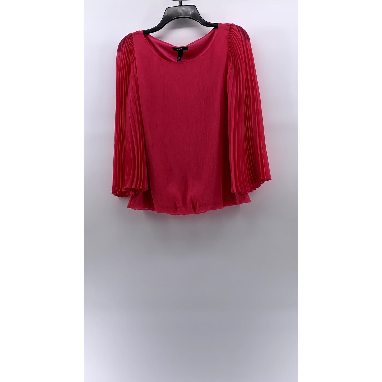 ALFANI Women's Pink Scoop-Neck Pleated Sheer Long Sleeve Bubble-Hem Top SZ 8