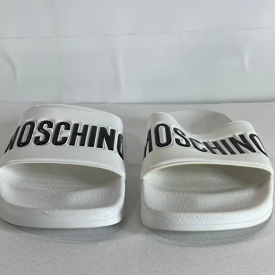 MOSCHINO Women's White/Black Oversized Logo Slip-On Pool Slide Sandals SZ 8