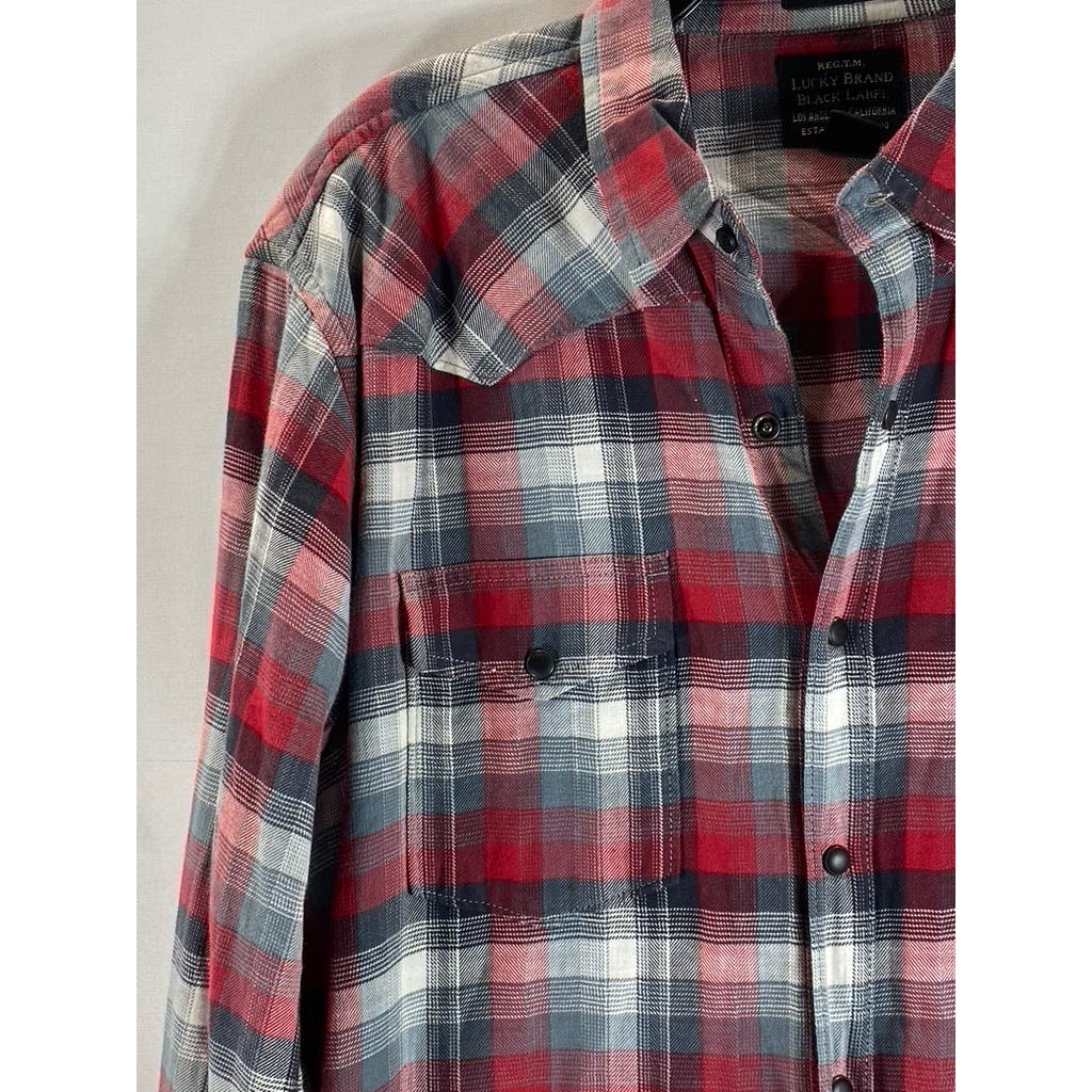 LUCKY BRAND Black Label Men's Red/Gray Plaid Classic-Fit Button-Up Shirt SZ L