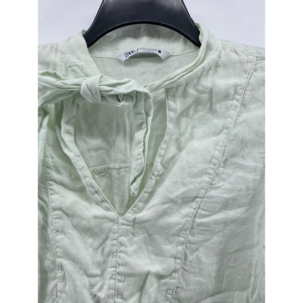 ZARA Women's Light Green Linen Keyhole Tie-Neck Long Sleeve Top SZ XS