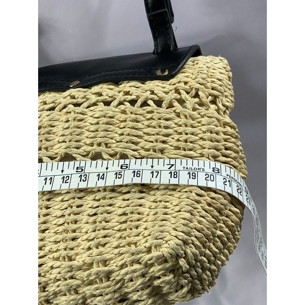 A NEW DAY Women's Black-Tan Straw Flap Snap Button Shoulder Cross-Body Bag