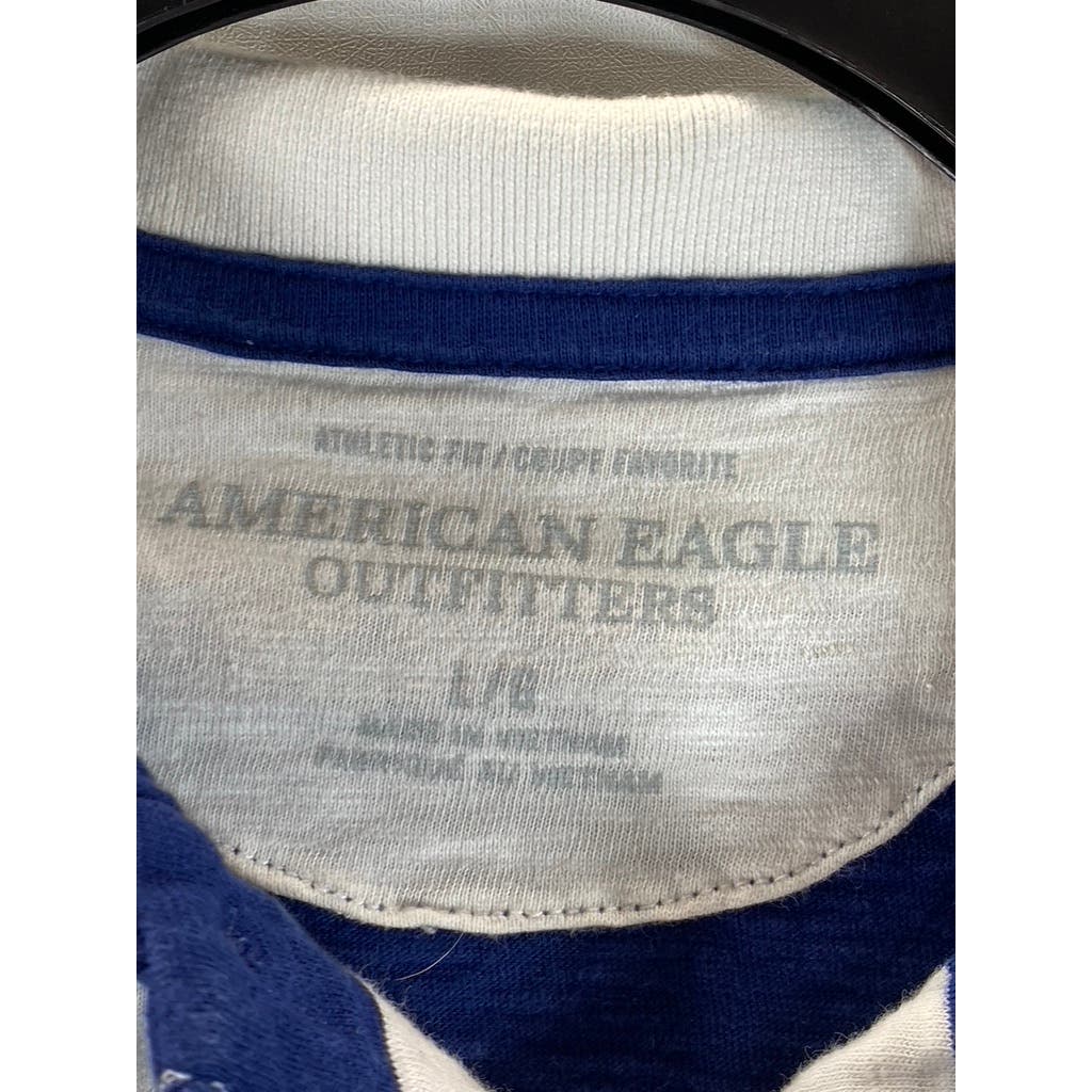 AMERICAN EAGLE OUTFITTERS Men's Navy/White Athletic-Fit Striped Polo Shirt SZ L