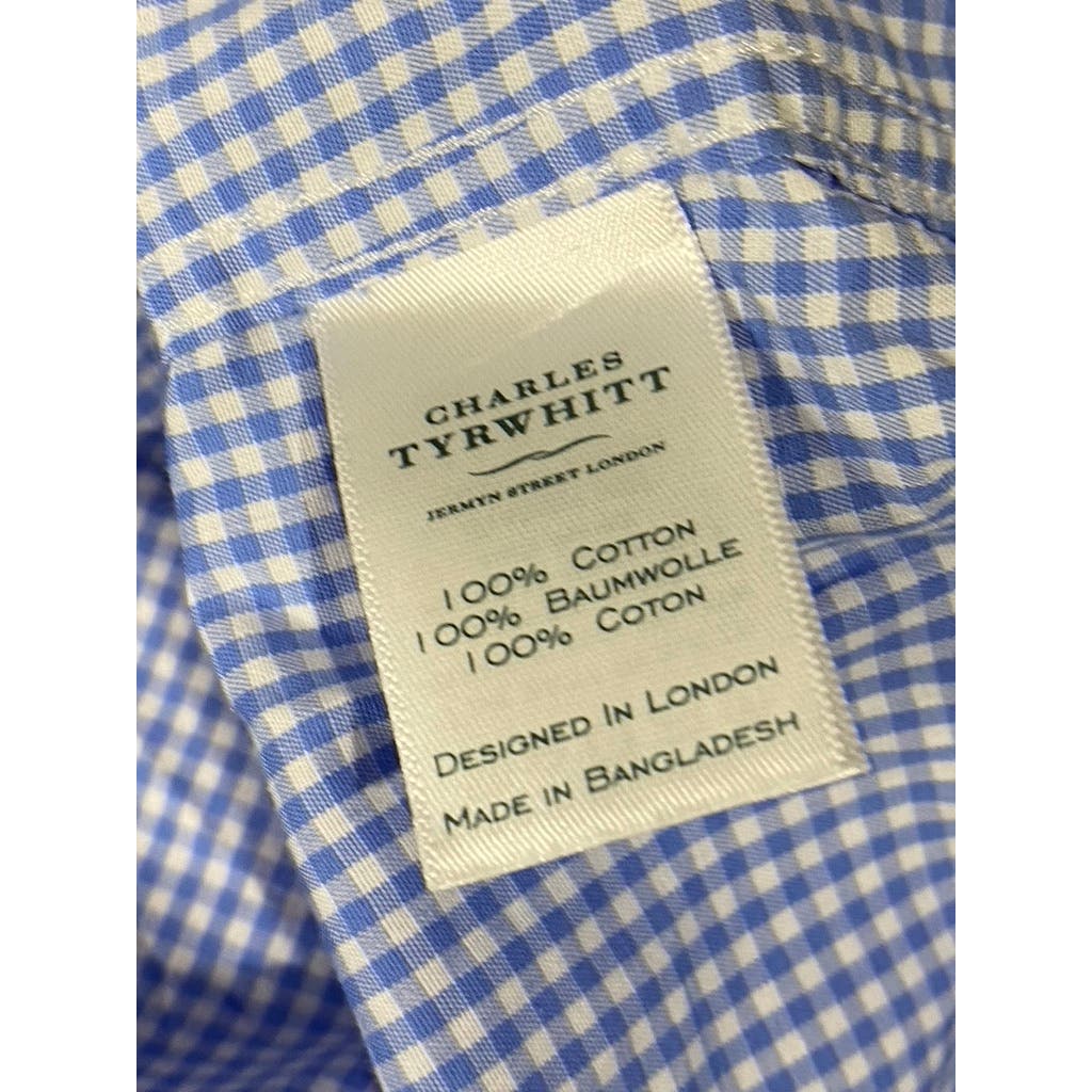 CHARLES TYRWHITT Men's Blue Gingham Slim-Fit Non-Iron Button-Up Shirt SZ S