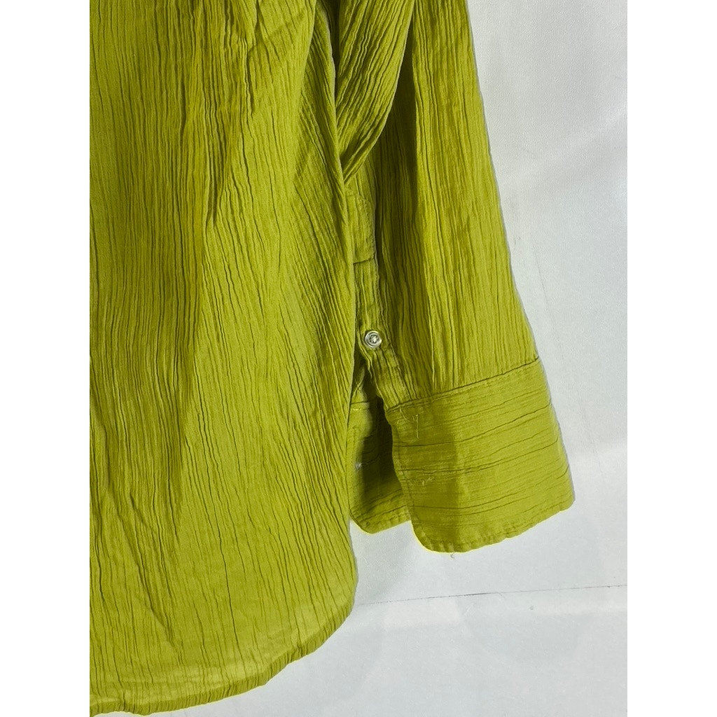 H&M Women's Yellow-Green Oversized Crinkle Long Sleeve Button-Up Top SZ S