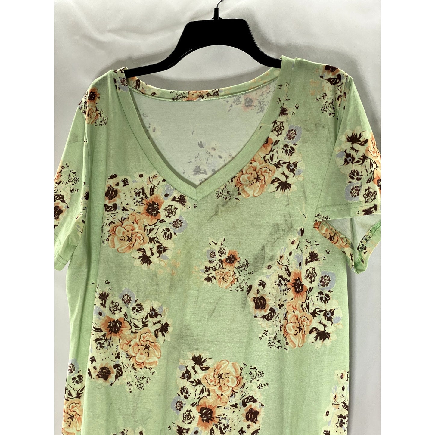 UNBRANDED Women's Light Green Floral Print V-Neck Short Sleeve Top SZ XL