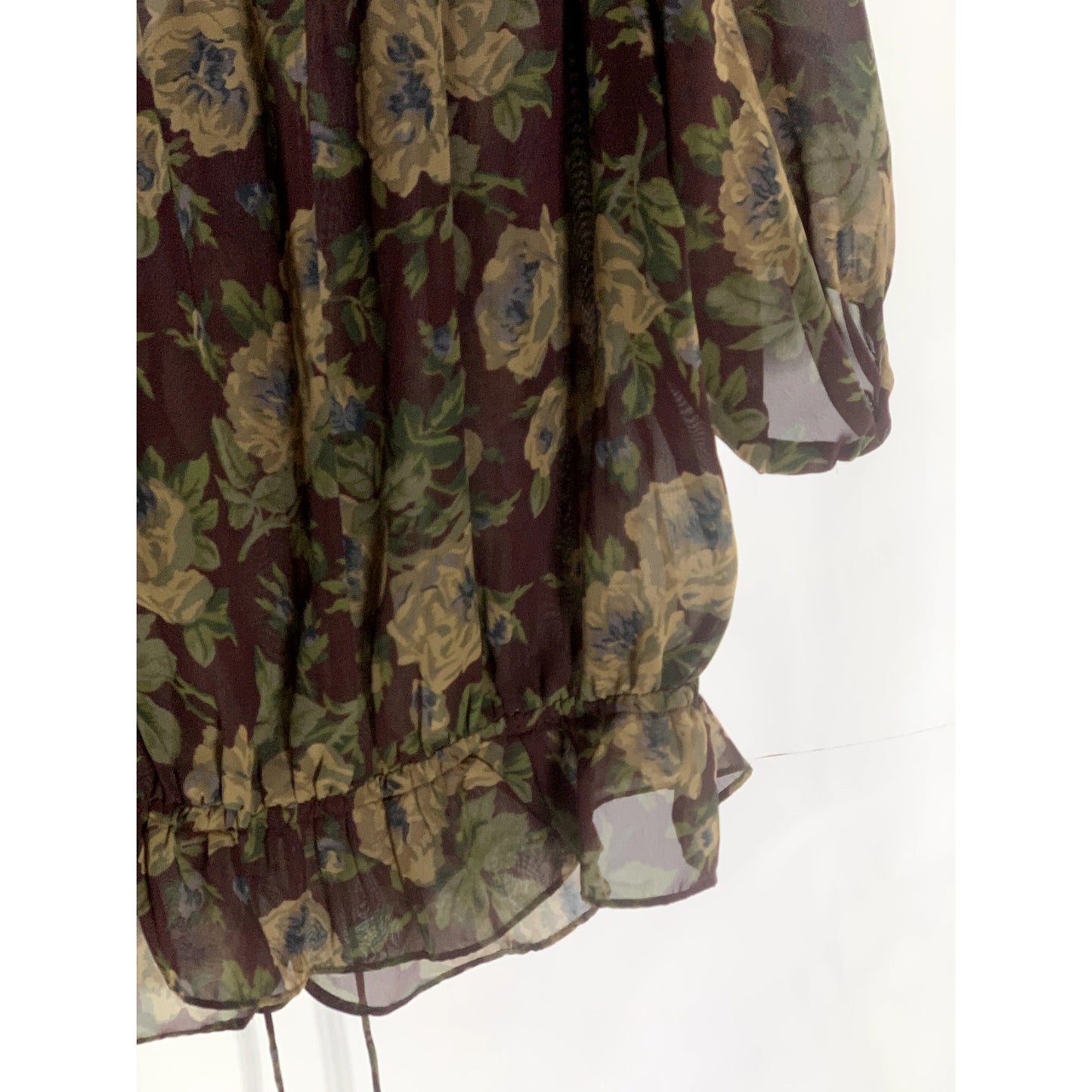 AMERICAN LIVING Women's Brown Floral Short Sleeve Ruffle Drawstring Hem Top SZ L