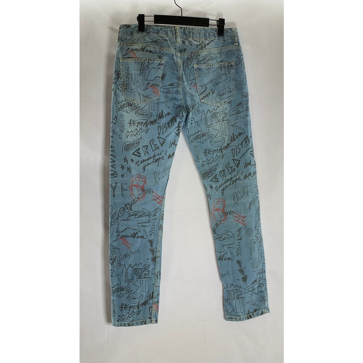 TOPMAN Men's Light Blue Doodle Print Stretch Skinny-Leg Five-Pocket Jean SZ 32S