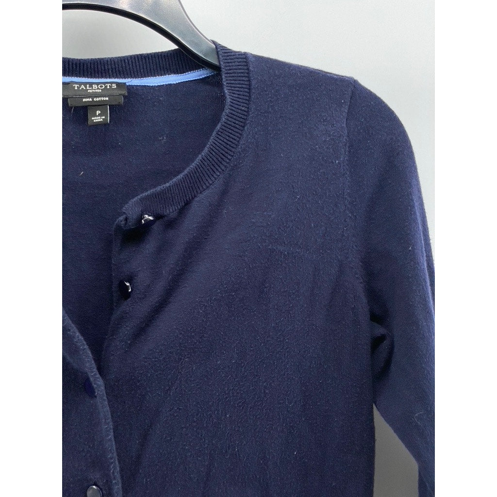 TALBOTS Women's Petite Navy Button-Up Long Sleeve Pima Cotton Cardigan SZ P(XS)