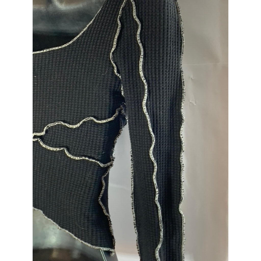 OR CLOTHING Women's Black/White Waffle Knit Overstitch Asymmetrical Top SZ S