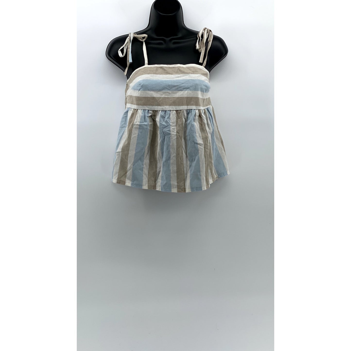 UNBRANDED Women's Blue-Tan Striped Straight-Neck Tie-Strap Ruffle Top SZ S