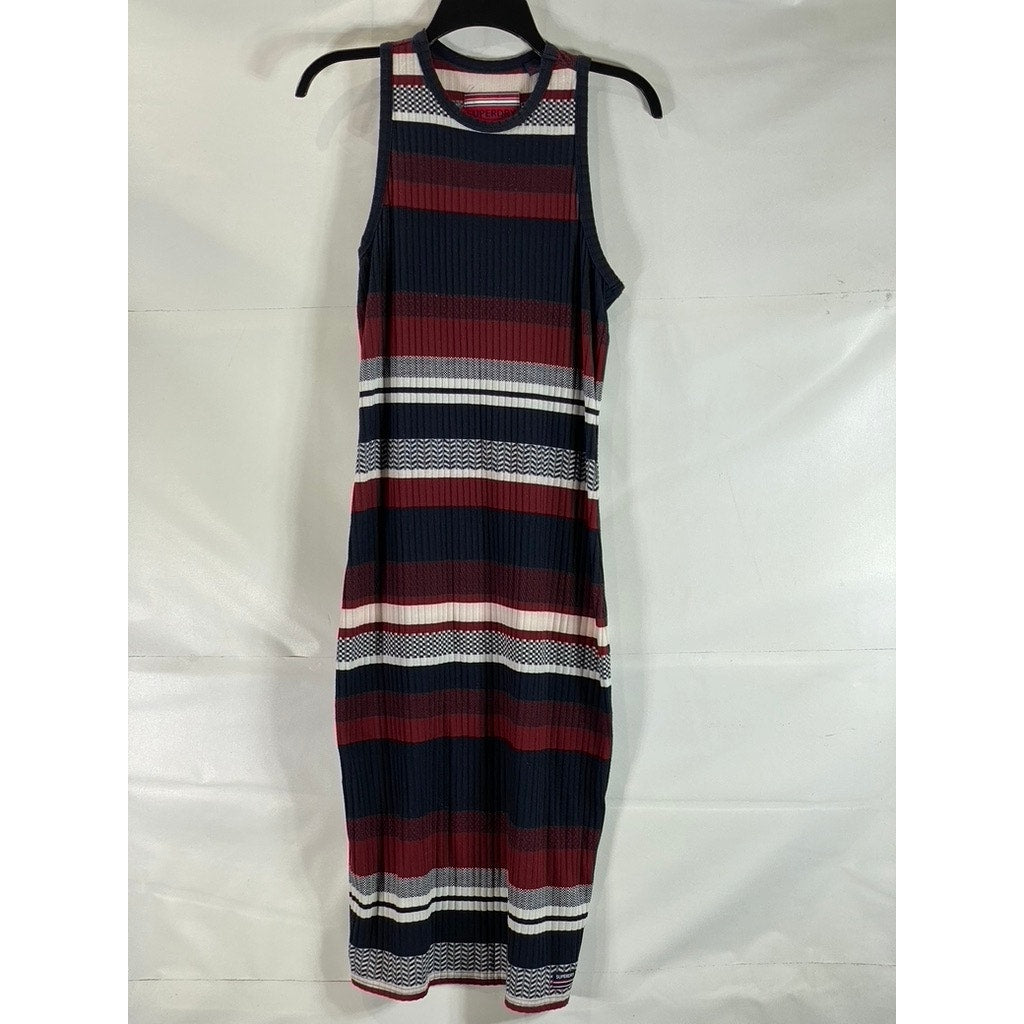 SUPERDRY Women's Navy/Red Striped Crewneck Sleeveless Fitted Midi Dress SZ 12