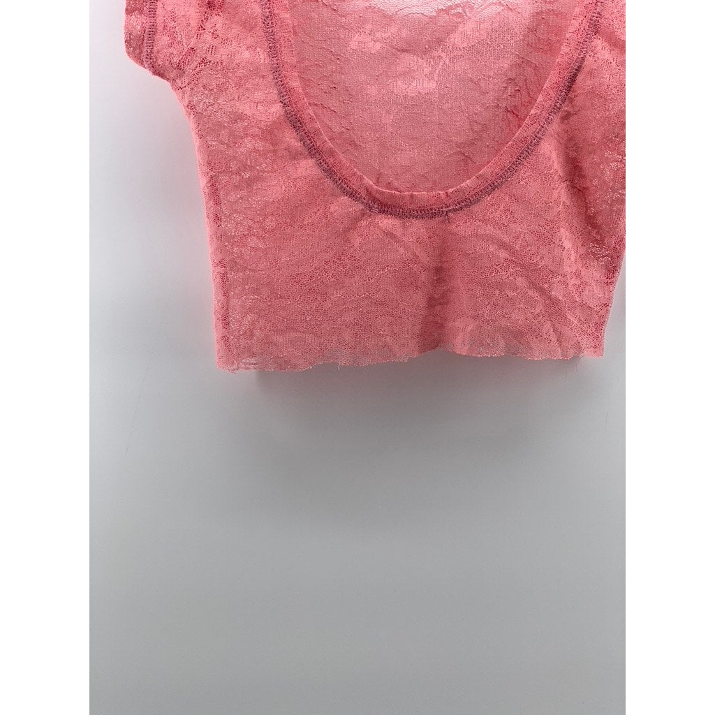UNBRANDED Women's Light Pink Crewneck Lace Short Sleeve Cropped Top SZ XS