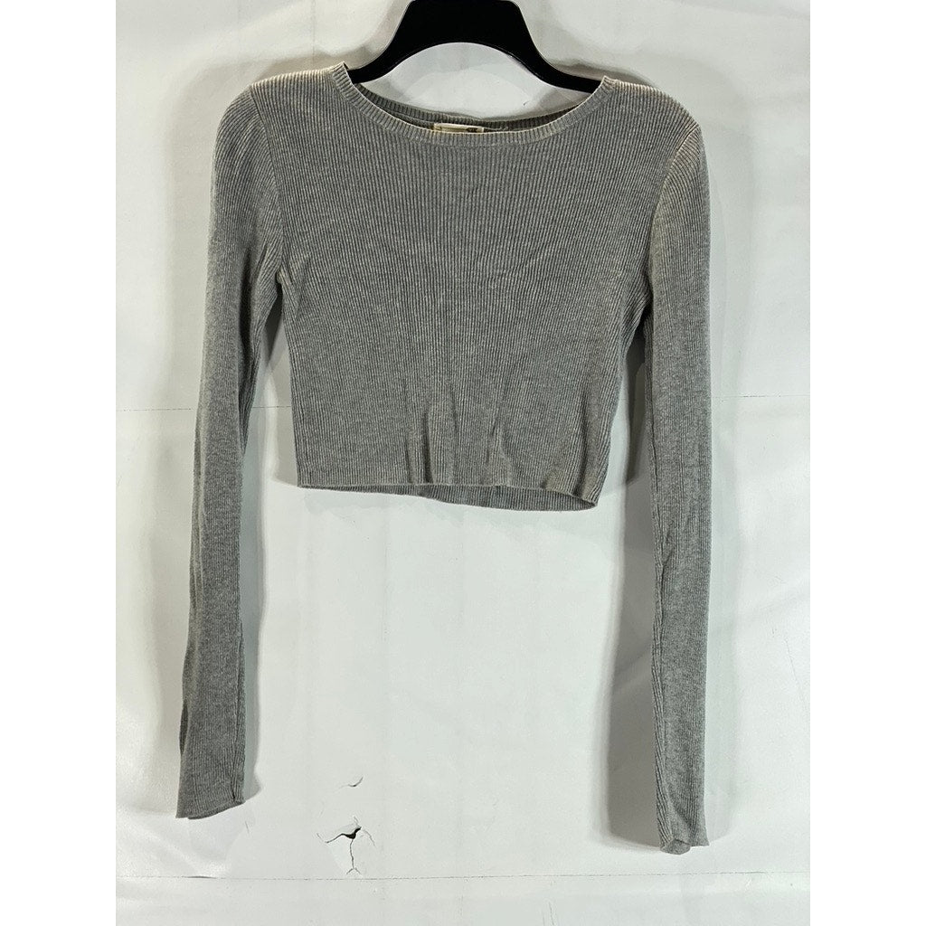 LA HEARTS Pacsun Women's Grey Ribbed Knit Crewneck Long Sleeve Crop Top SZ M