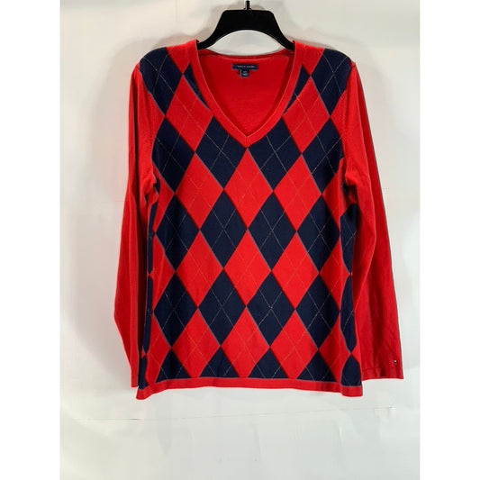TOMMY HILFIGER Women's Red V-Neck Diamond Argyle Knit Pullover Sweater SZ L