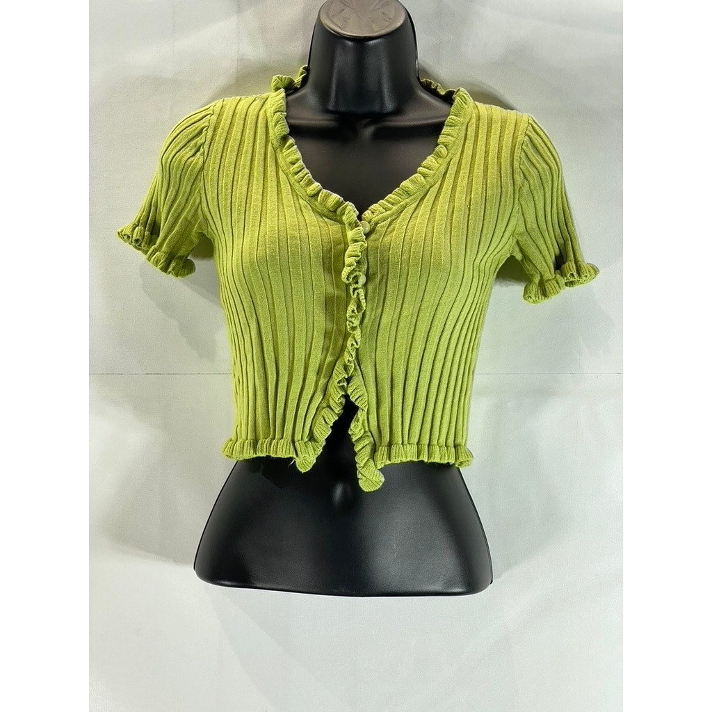 UNBRANDED Women's Green Ribbed Ruffle-Trim Short-Sleeve Crop Top SZ XS