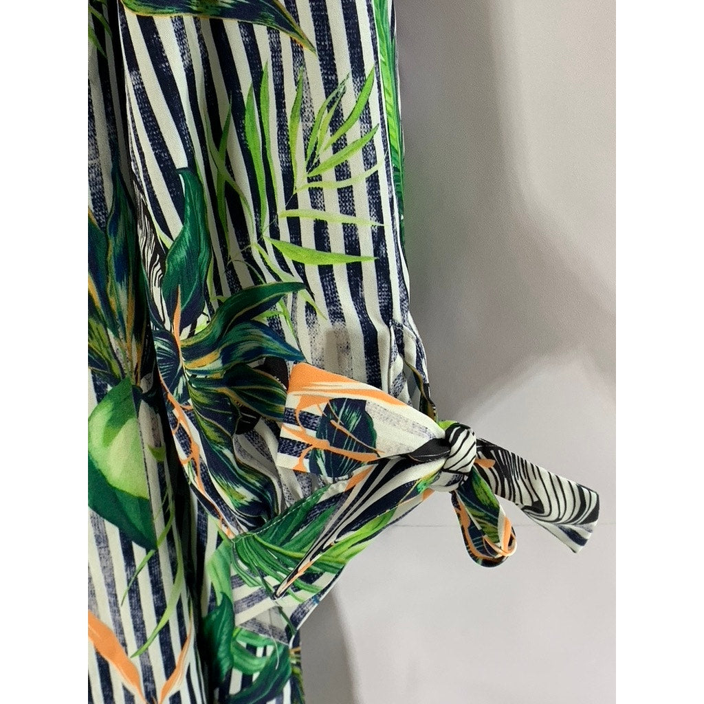 CUPSHE Women's White Striped Hawaiian Tropical Tie-Sleeve Cover-Up Dress SZ L