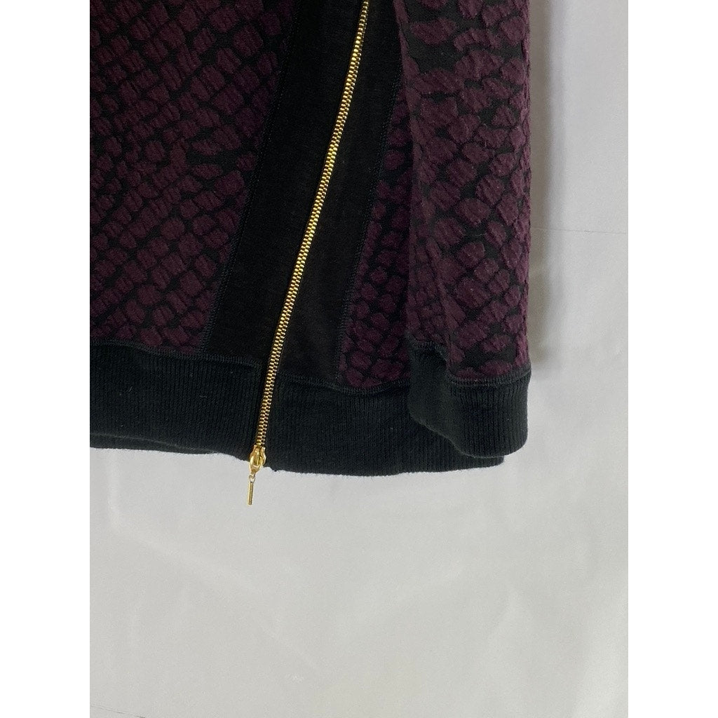 REBECCA TAYLOR Women's Wine-Black Animal Print Crewneck Moto Zip Sweater SZ 10