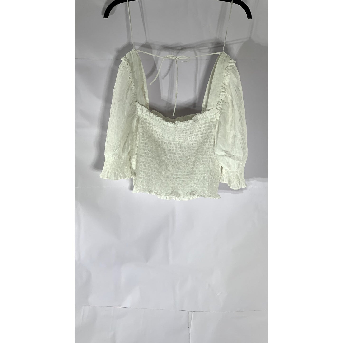 H&M Women's White Smocked Conscious Choice Puff-Sleeve Crop Top SZ S