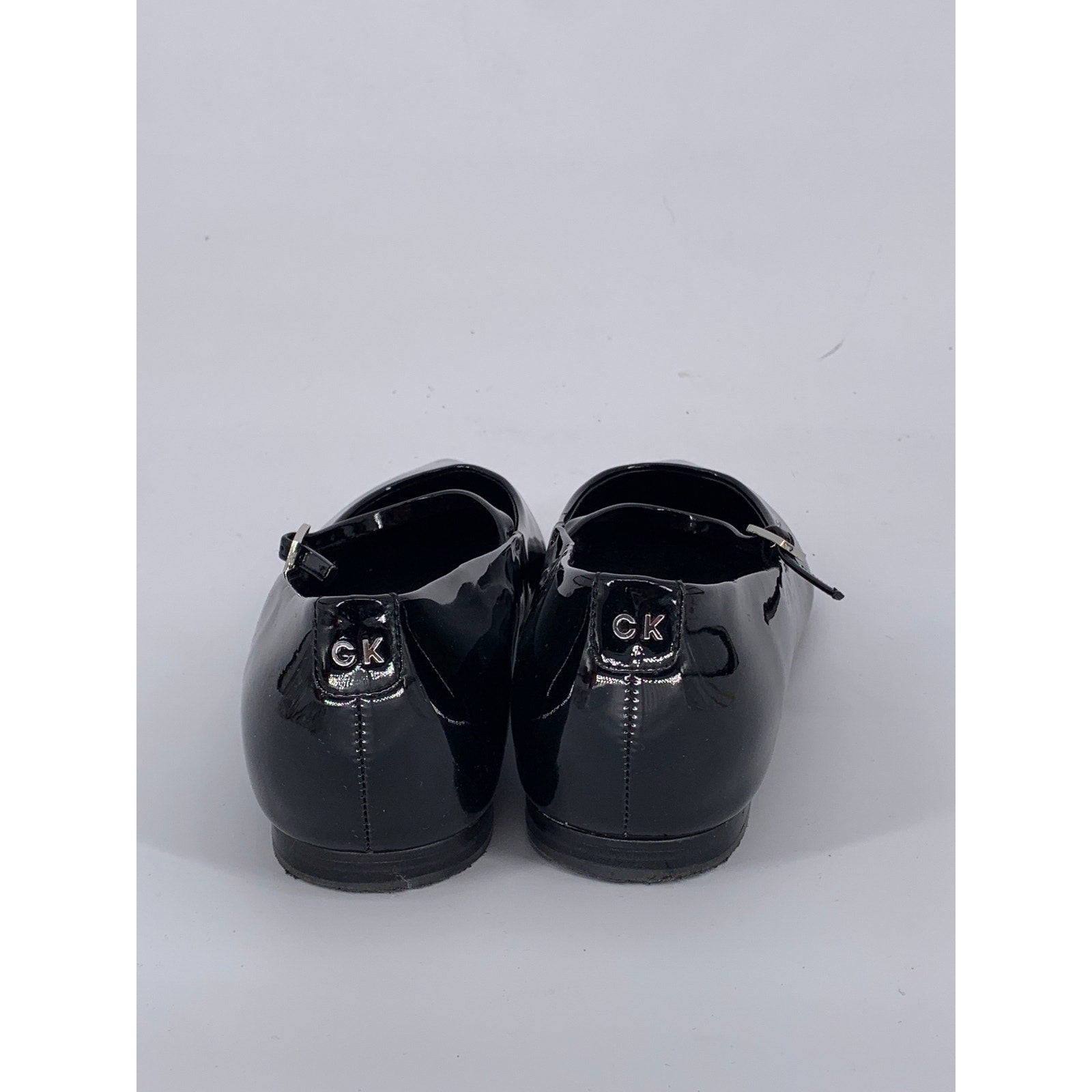 CALVIN KLEIN Women's Black Patent Leather Pointed-Toe Ankle Strap Flats SZ 8.5