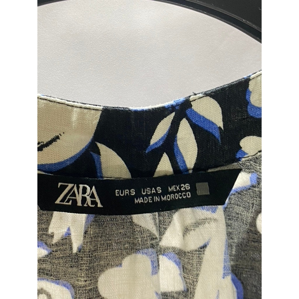 ZARA Women's Black/White Floral V-Neck Long Sleeve Tunic Top SZ S