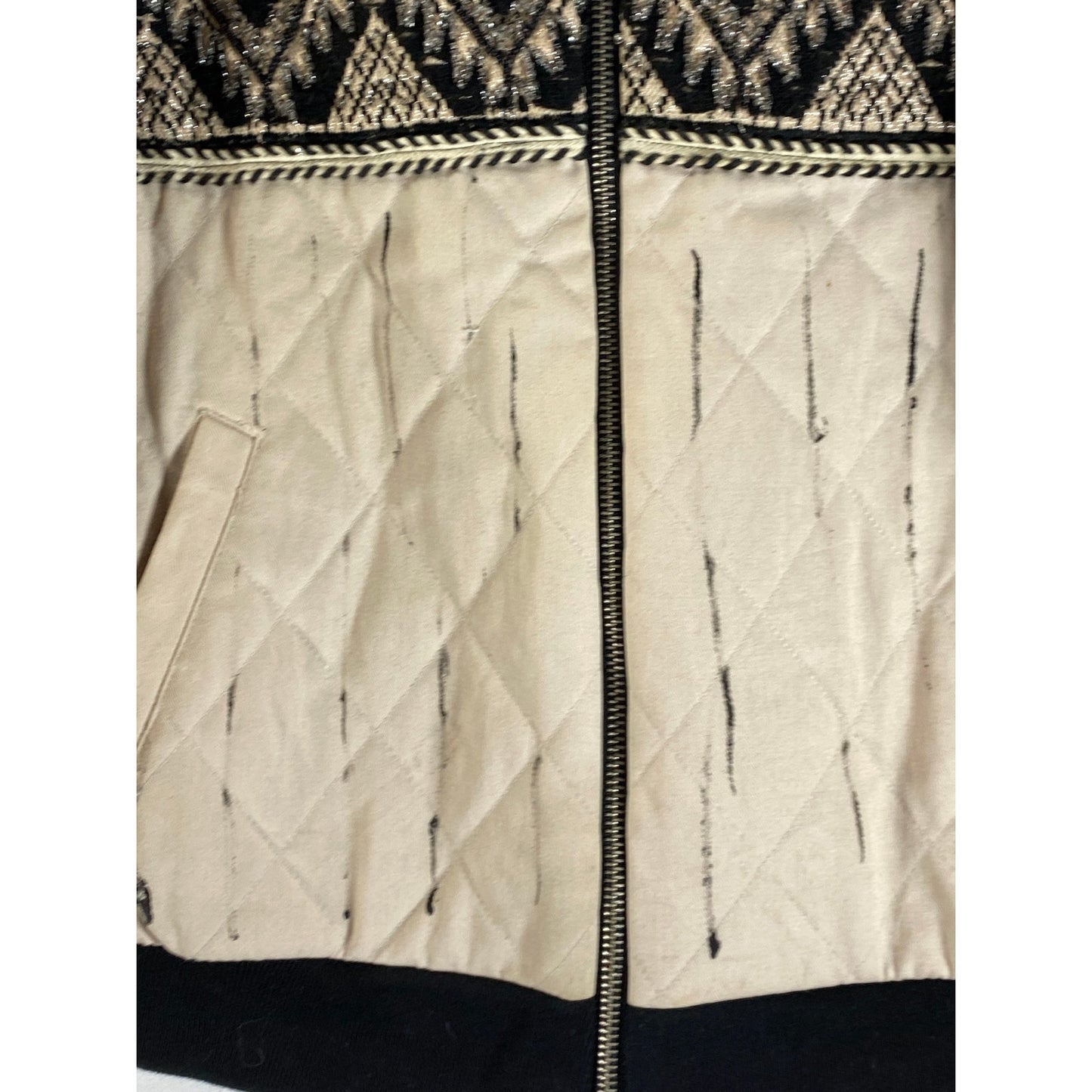 ALPHAMOMENT Women's Black/Beige Embroidered Printed Zip-Up Jacket SZ 38(S)