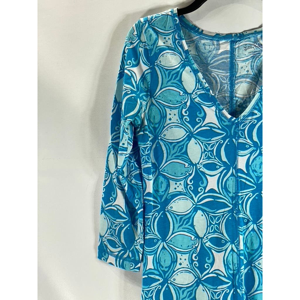 LILLY PULITZER Women's Blue Printed Juliet What A Racquet V-Neck Mini Dress SZ M