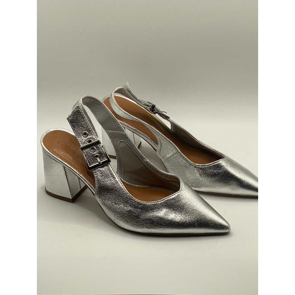 ASOS DESIGN Women's Silver Metallic Pointed-Toe Slingback Block Heel Pumps SZ 7