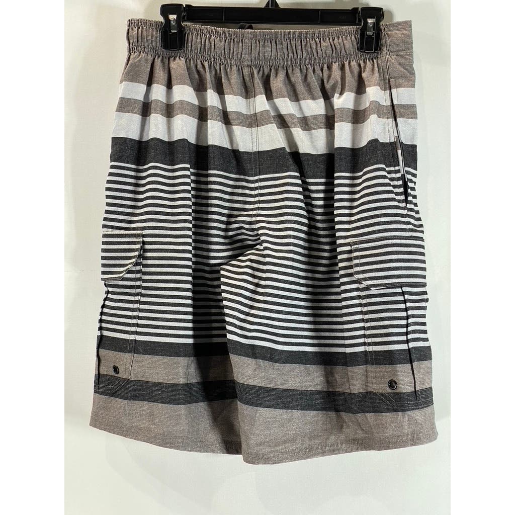 MONUMENT Men's Gray/Black Striped Elastic Drawstring Pull-On Board Shorts SZ S