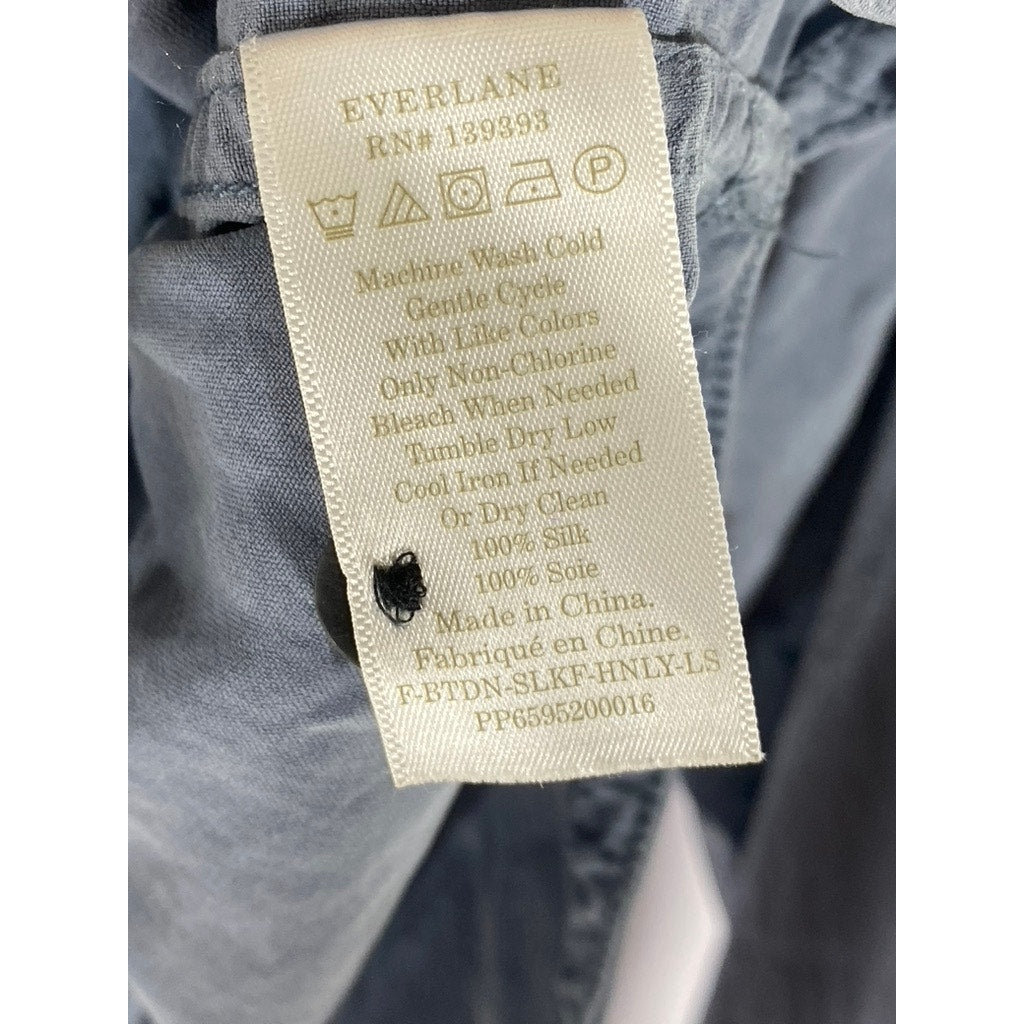 EVERLANE Women's Blue Washable Silk Long Sleeve Henley Patch Pocket Top SZ 2