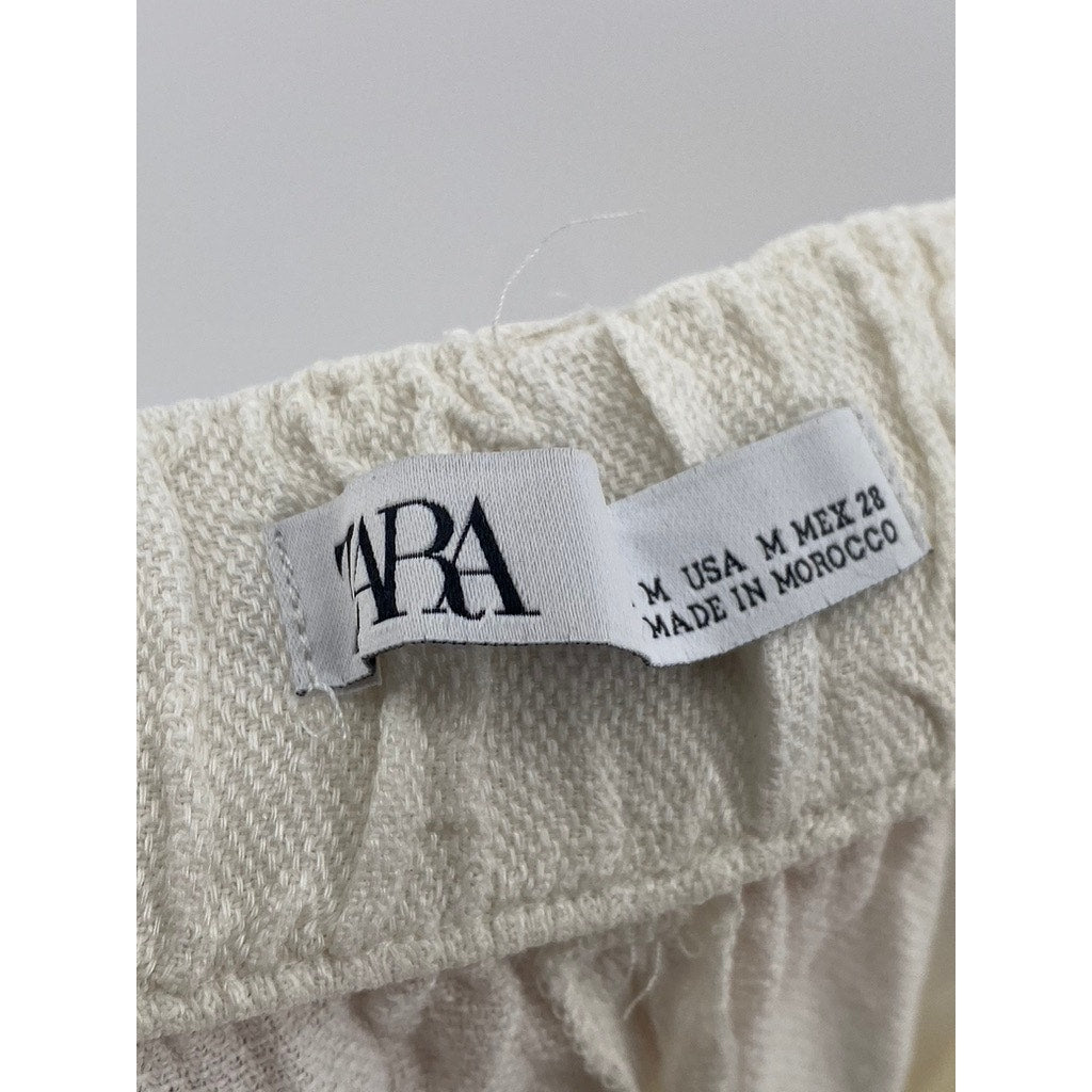 ZARA Women's White Linen Straight-Leg Relaxed-Fit Casual Pants SZ M