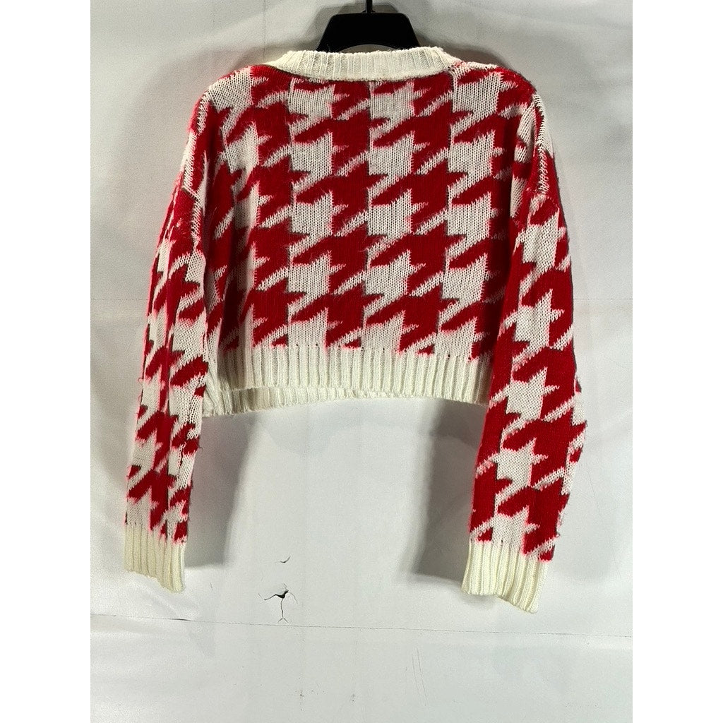 KLESIS Women's Cream/Red Houndstooth Crewneck Knit Cropped Sweater SZ M/L