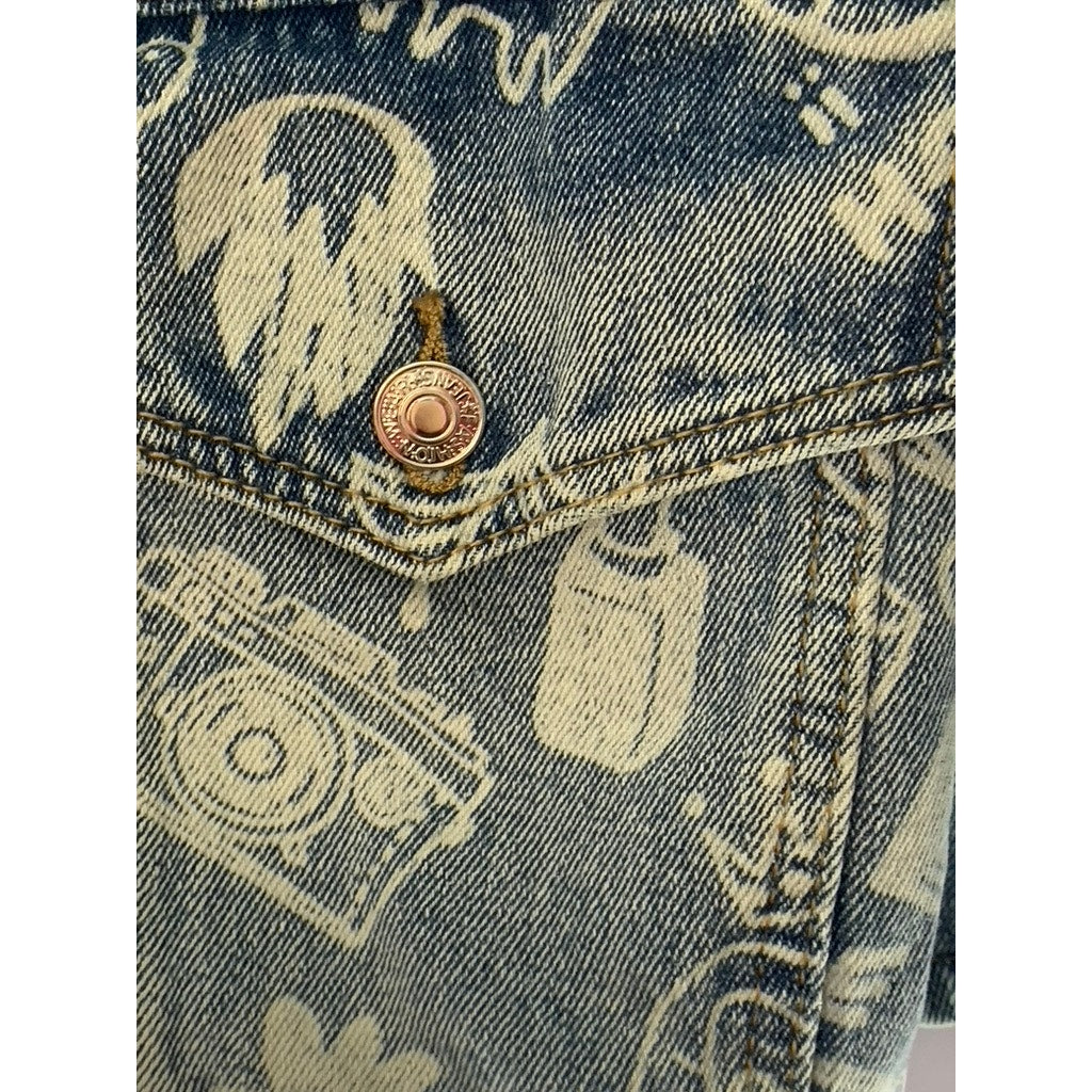 EDIKTED Women's Blue Malia Print Denim Long Sleeve Button-Up Cropped Jacket SZXS