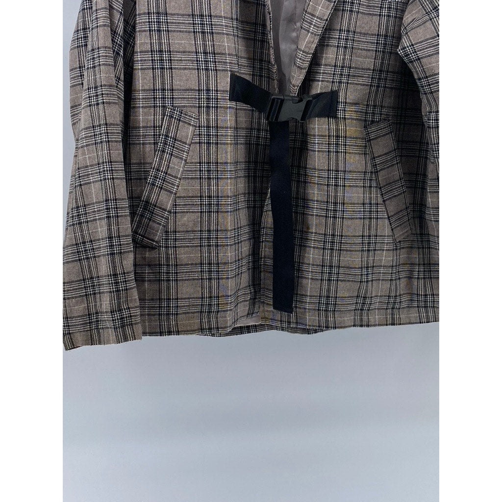 ZBCR Women's Tan-Black Plaid Buckle Closure Notch Collar Blazer SZ M