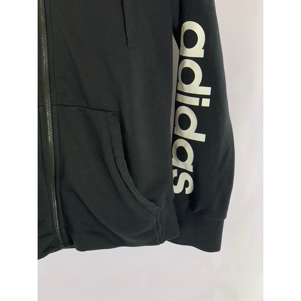 ADIDAS Women's Black/White Essential Linear Hooded Zip-Up Sweater SZ M