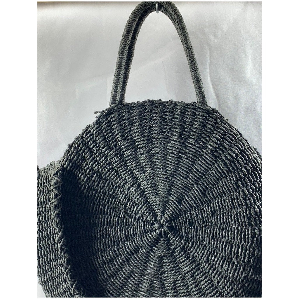 ABERCROMBIE & FITCH Women's Black Straw Woven Round Snap-Button Tote Bag