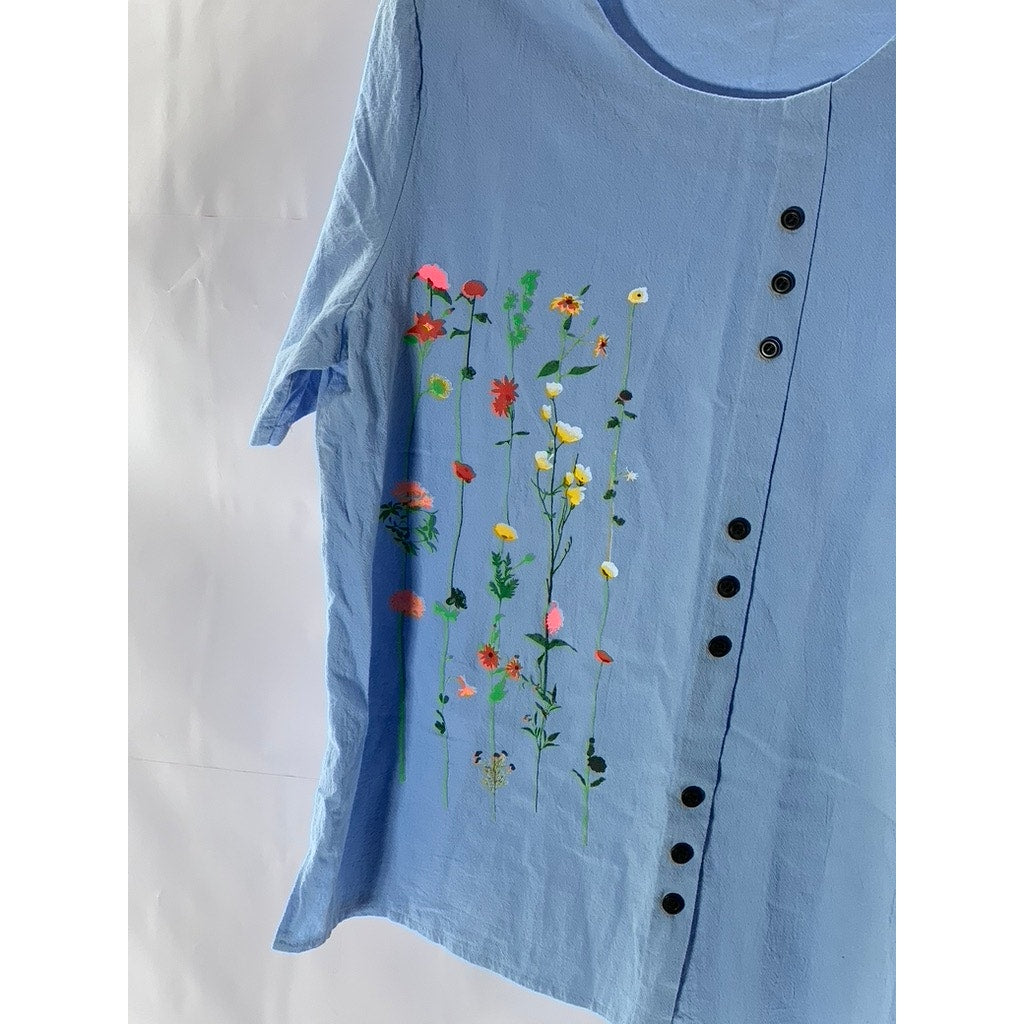 UNBRANDED Women's Blue Floral Snap-Button Crewneck Short Sleeve Top SZ 3XL