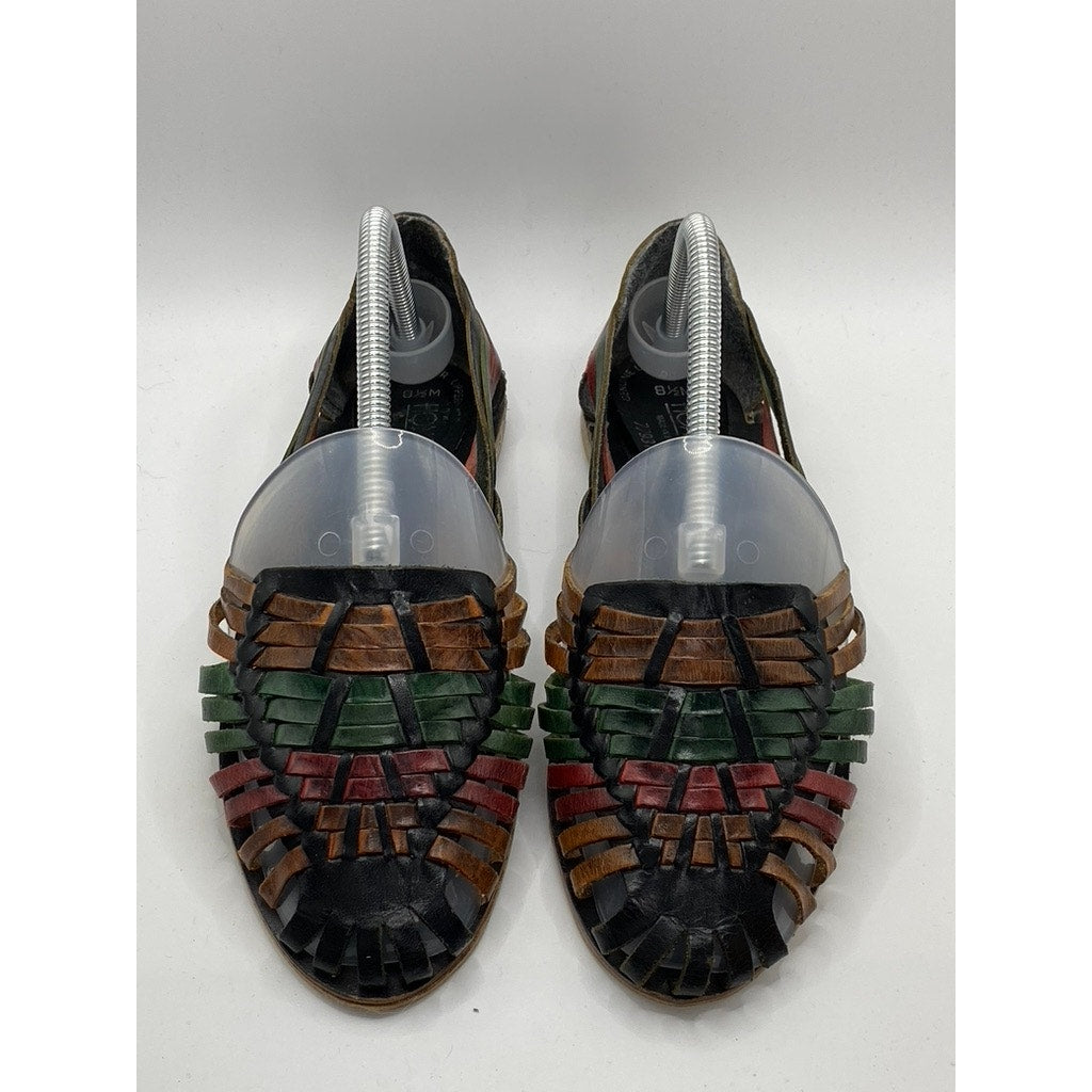 HONORS Women's Black-Multicolor Leather Strappy Round-Toe Slip-On Flats SZ 8.5