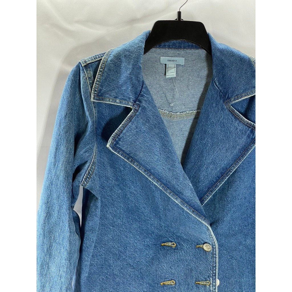FOREVER 21 Women's Dark Blue Denim Cropped Notch Lapel Double Breasted Coat SZ S