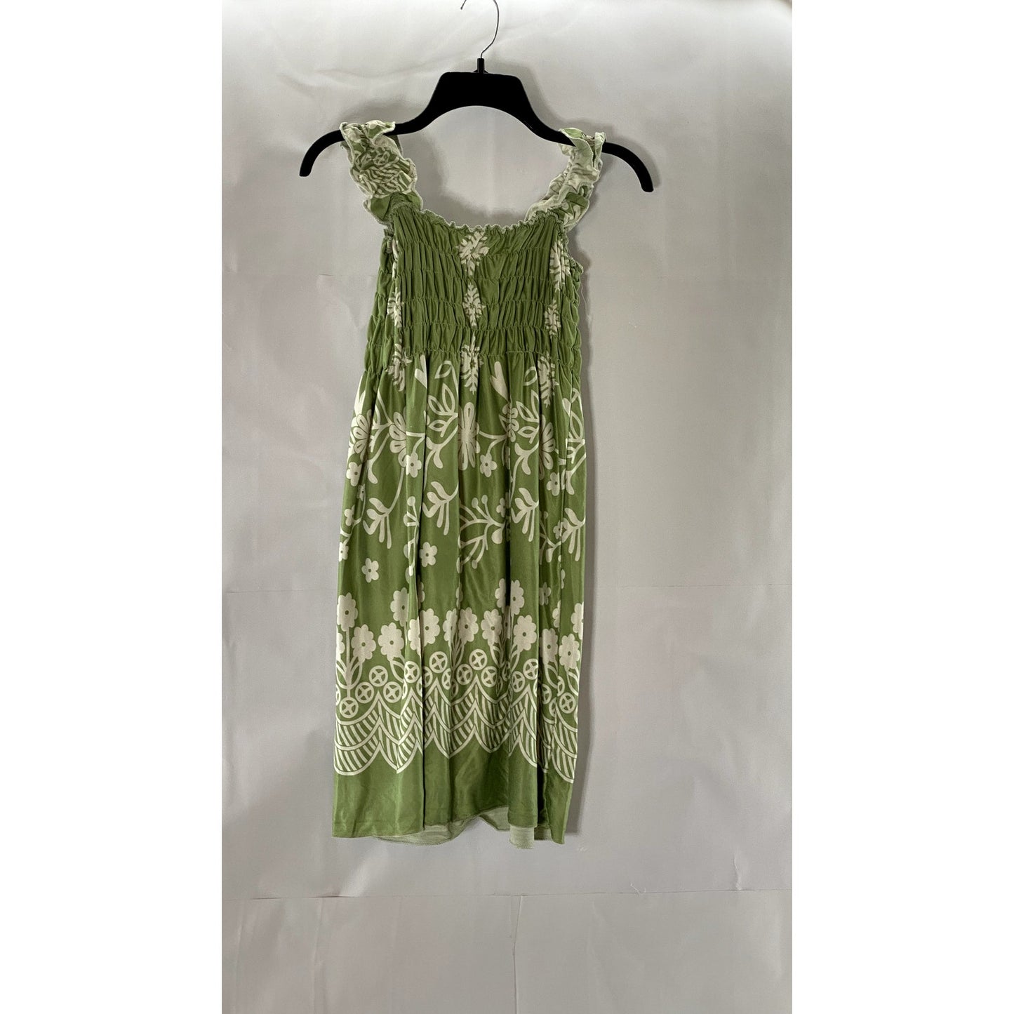 UNBRANDED Women's Green/White Floral Smocked Ruffle Sleeve Mini Dress SZ S