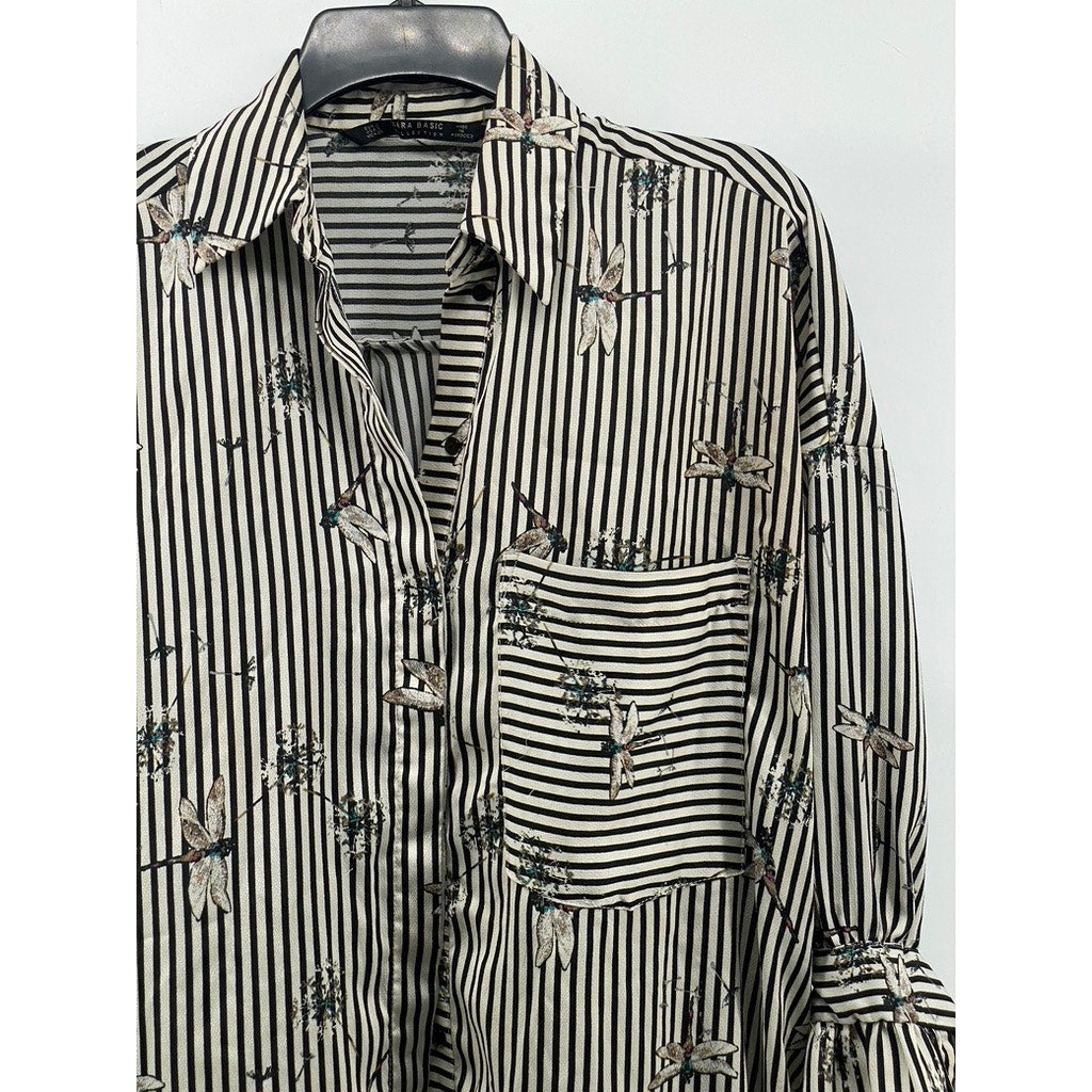 ZARA Women’s Black-Gray Striped Dragonfly Button-Up Long Sleeve Tunic Top SZ S