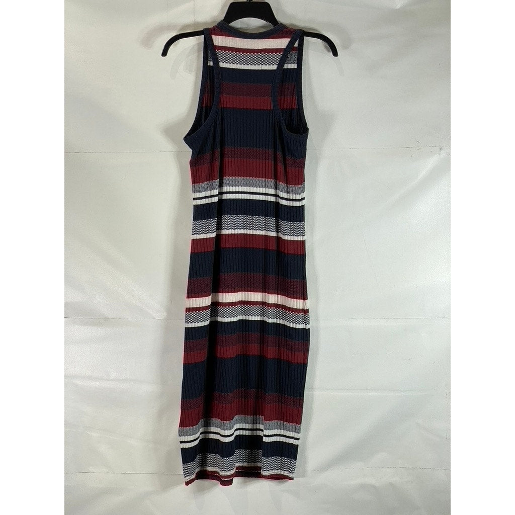 SUPERDRY Women's Navy/Red Striped Crewneck Sleeveless Fitted Midi Dress SZ 12