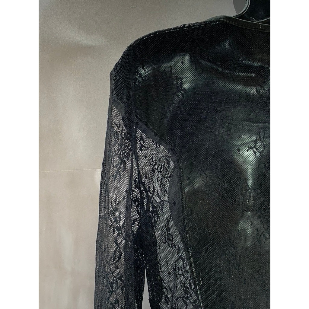 UNBRANDED Women's Black Floral Lace Long Sleeve Tie-Front Cover-Up Top SZ M