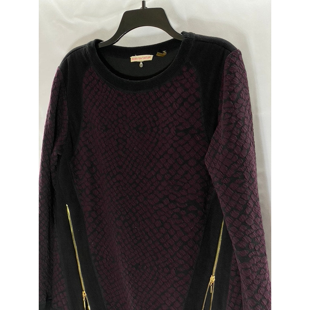 REBECCA TAYLOR Women's Wine-Black Animal Print Crewneck Moto Zip Sweater SZ 10