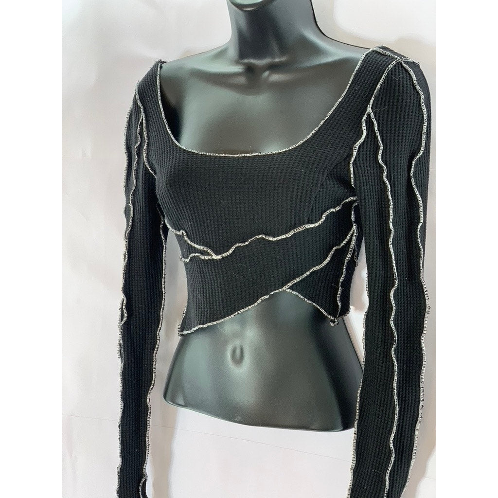 OR CLOTHING Women's Black/White Waffle Knit Overstitch Asymmetrical Top SZ S