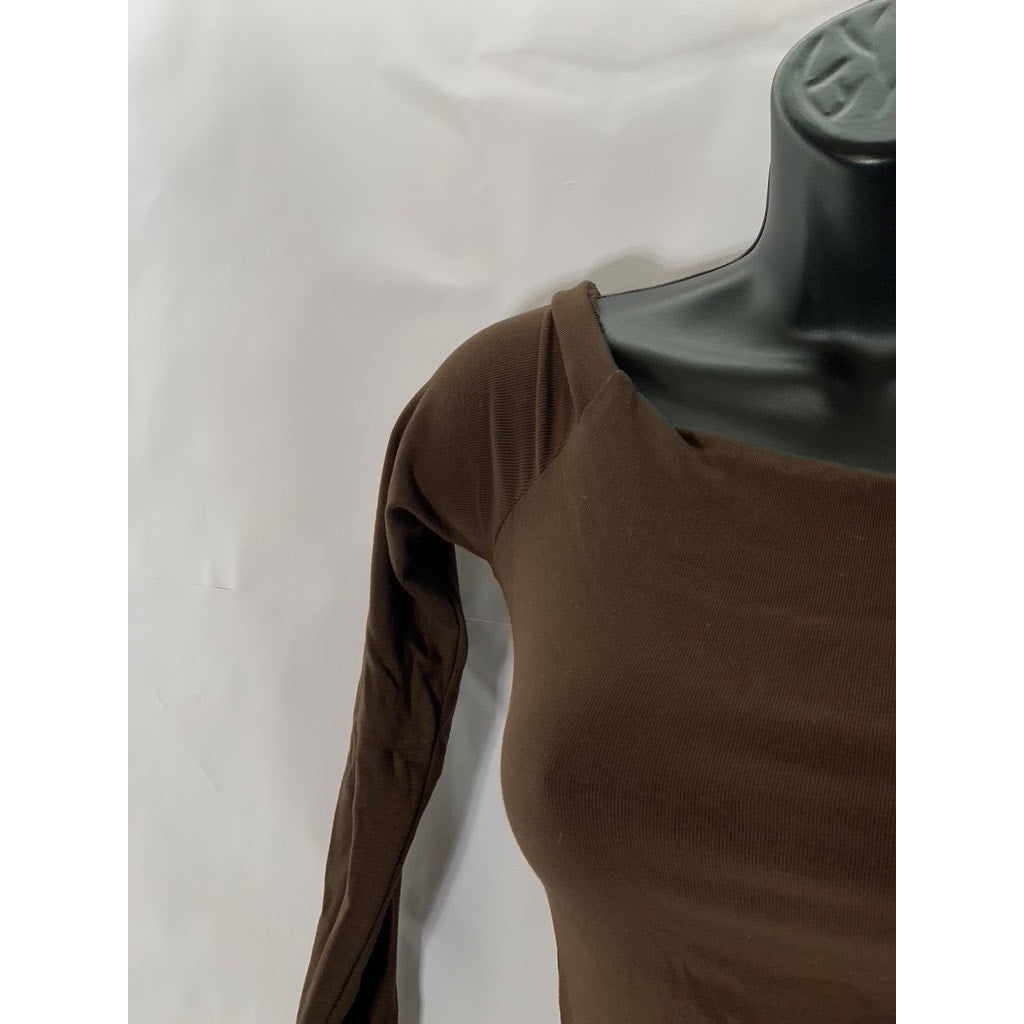 COMMENSE Women's Dark Brown Asymmetrical Spilt-Hem Long Sleeve Top SZ XS