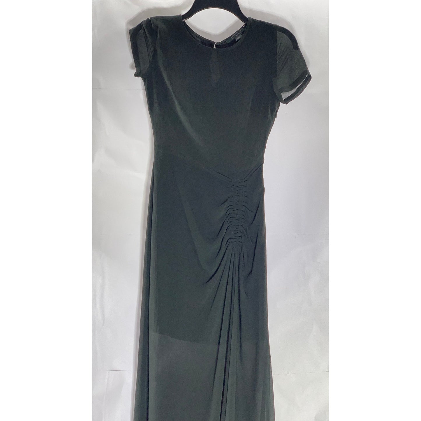 ALLSAINTS Black Sheer Illusion Hem Ruched Ariya Goth Grunge Midi Dress SZ 0