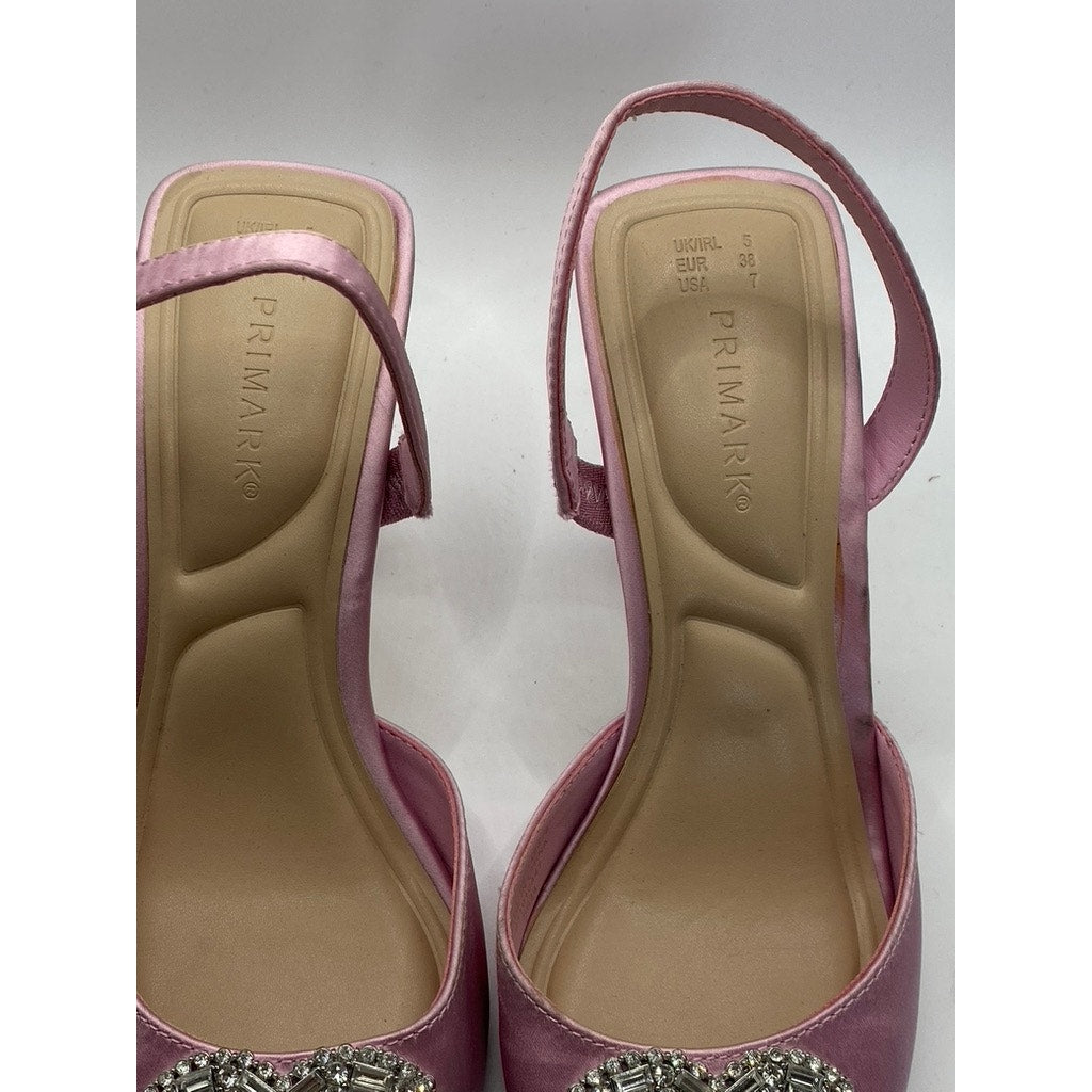 PRIMARK Women's Pink Satin Rhinestone Heart Pointed Toe Stiletto Sandals SZ 7